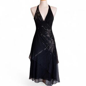Y2k BCBG black silk beaded midi dress